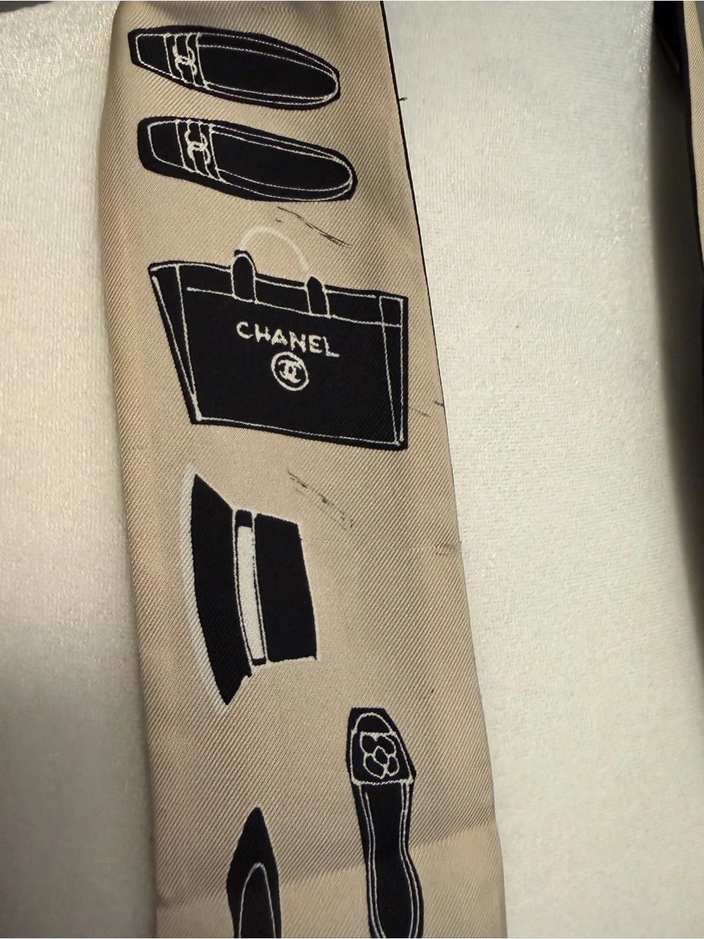 CHANEL Beige and Black Silk Twilly Scarf with Iconic Motifs